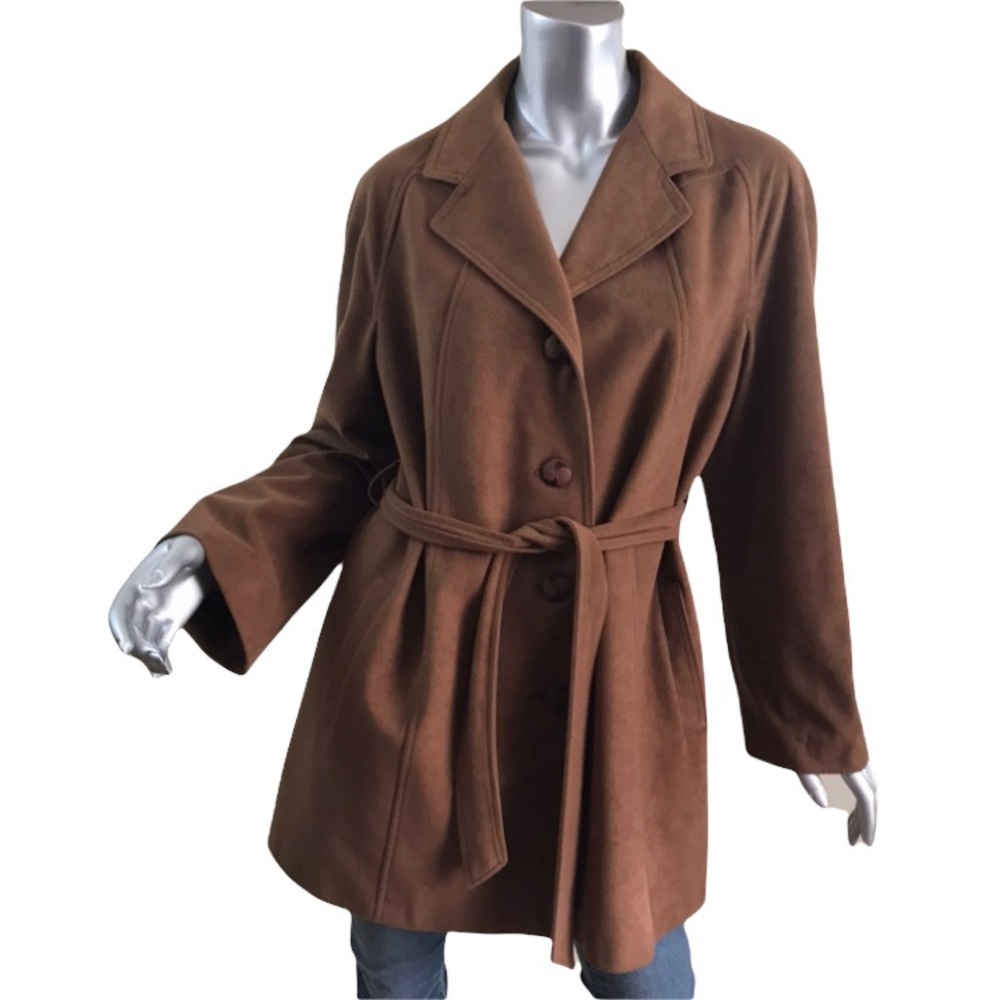 Vintage Faux Suede Coat Women’s 14 Skin Gear Brown Non Leather Trench Made USA.